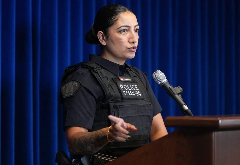 RCMP Cpl. Sarbjit Sangha speaks during a news conference in Surrey, B.C., on Monday, Sept. 8, 2025. 