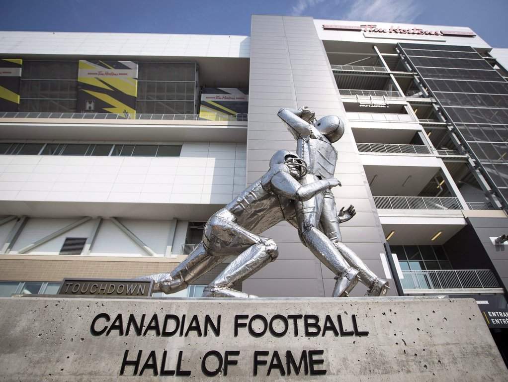 The iconic "Touchdown" statue stands outside Hamilton Stadium, home of the Canadian Football Hall of Fame and Museum, in Hamilton, Ont., on Friday, June 1, 2018. THE CANADIAN PRESS/Peter Power.