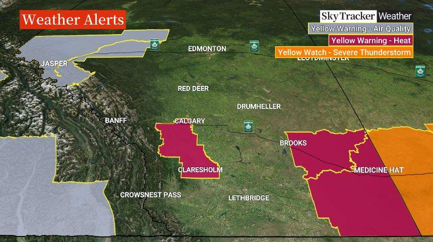 Environment Canada has issued "yellow" heat warnings for areas around both Calgary and Medicine Hat on Friday and Saturday.