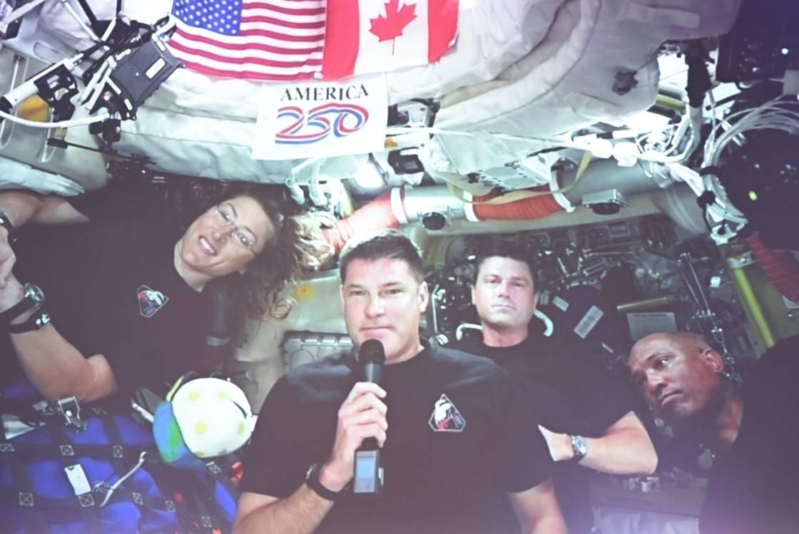 Artemis II mission astronauts, left to right, Christina Koch, Jeremy Hansen, Reid Wiseman and Victor Glover take part in a question and answer session during a live feed at the Canadian Space Agency headquarters in Longueuil, Que., Wednesday, April 8, 2026. THE CANADIAN PRESS/Graham Hughes
