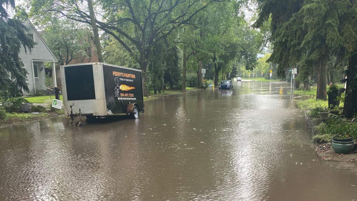 Flooding near 73 Avenue and 115 Street in Edmonton's Belgravia neighbourhood after a thunderstorm on Monday, July 27, 2026.
