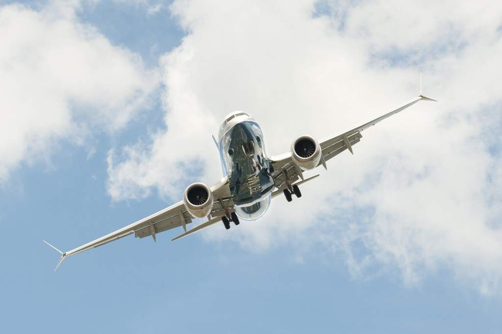 A file photo of a Boeing 737 MAX on a steep angled landing descent to Farnborough Airport, UK.
