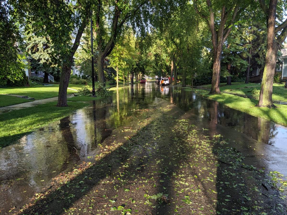 A flooded street ni Edmonton on Friday, July 10, 2026.