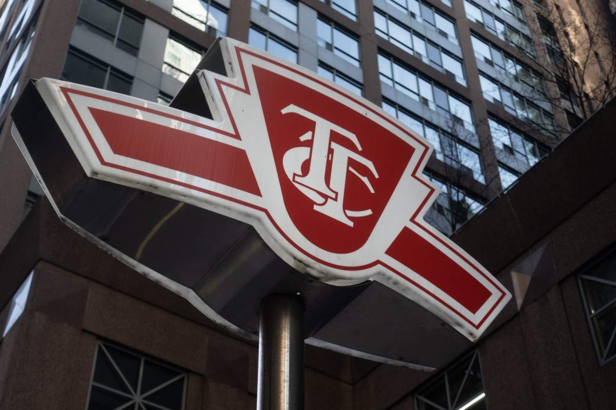 A Toronto Transit Commission sign is shown at a downtown Toronto subway stop Tuesday, Jan. 31, 2023. 