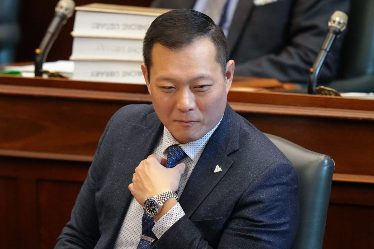 Stan Cho attends question period at the Ontario legislature in Toronto, Tuesday, Nov. 28, 2023.