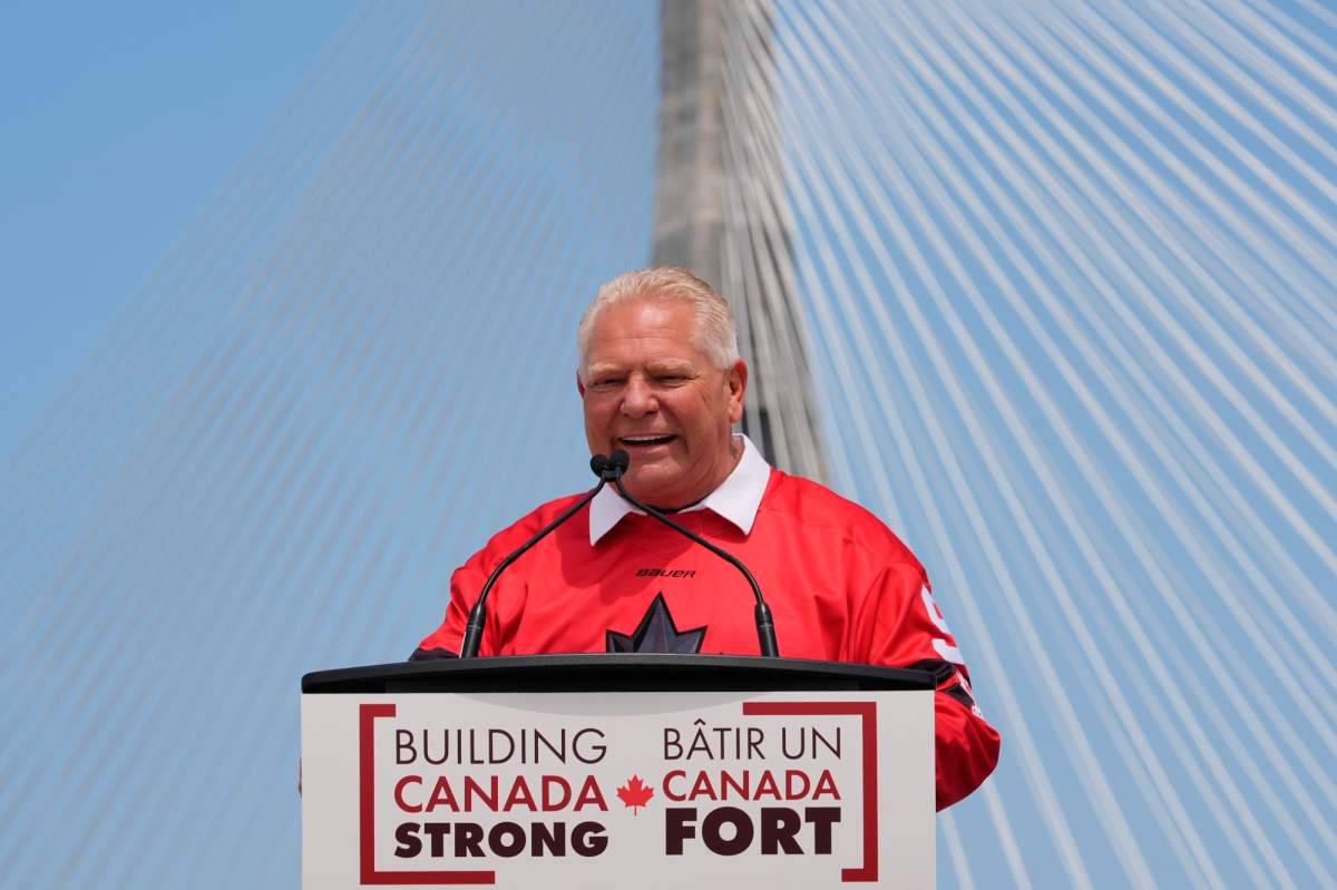 Ontario Premier Doug Ford speaks during a Canadian celebration for the Gordie Howe International bridge connecting Detroit and Windsor, Ont., July 24, 2026, in Windsor.