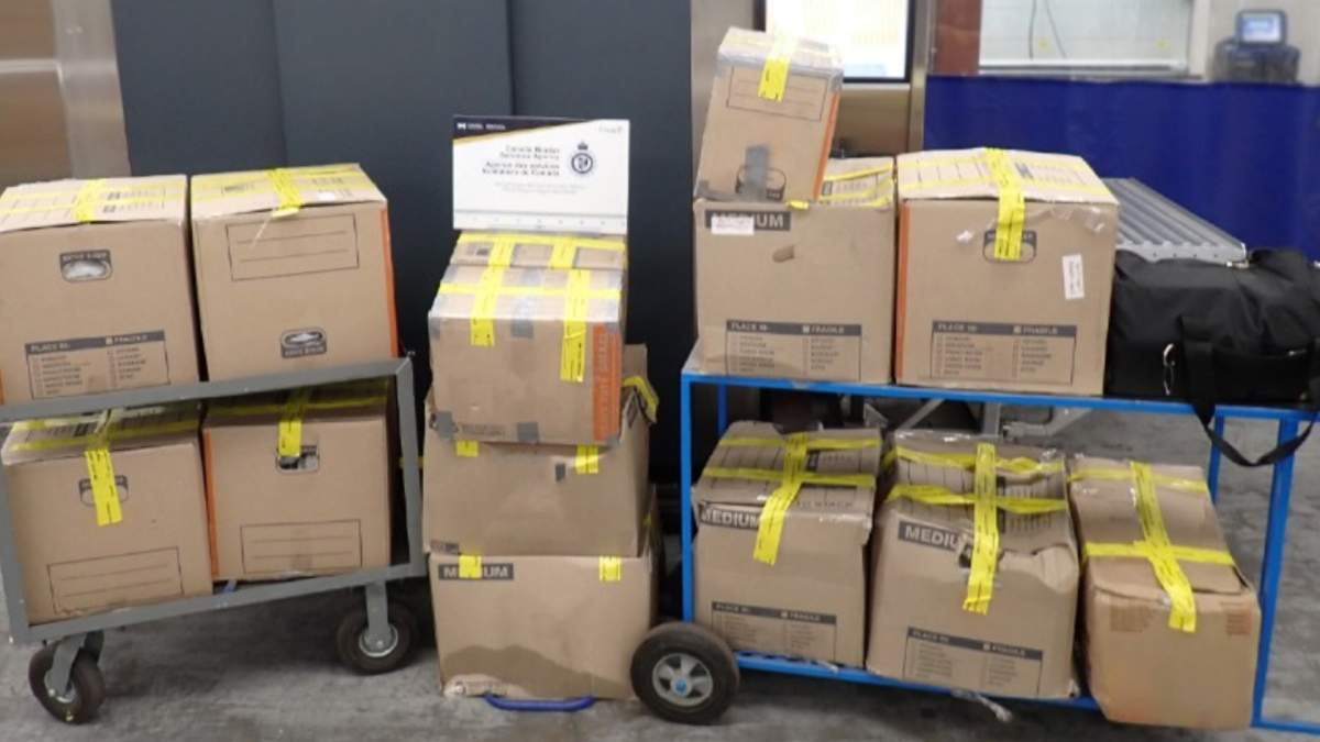The Canada Border Services Agency officers seized 380 kilograms of suspected methamphetamine and cocaine from a commercial truck at the Coutts port of entry in southern Alberta on on July 2, 2026.