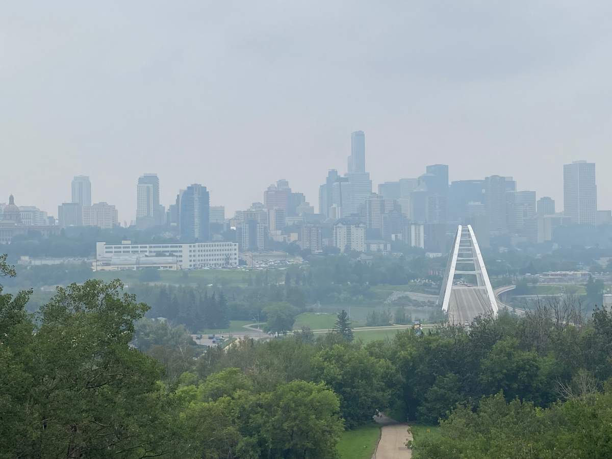 Wildfire smoke over downtown Edmonton and the North Saskatchewan River valley on