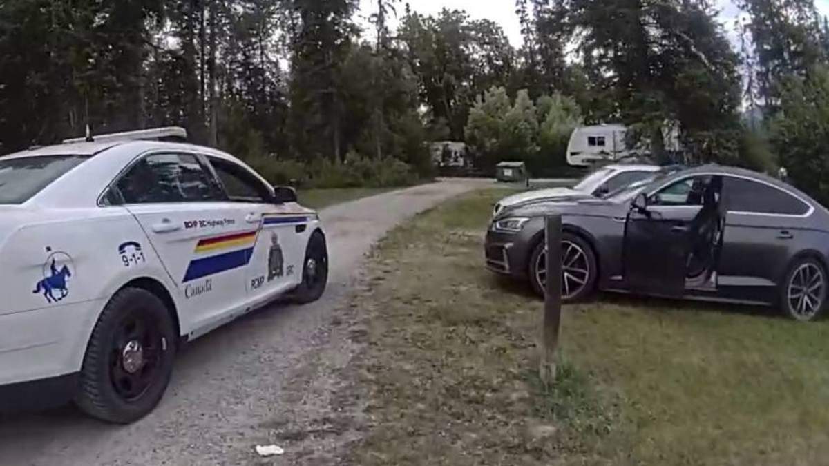 B.C. RCMP dashcam image of an Audi in a campground, after it was spotted speeding 230 km/h in a 80 zone near Fairmont Hot Springs.