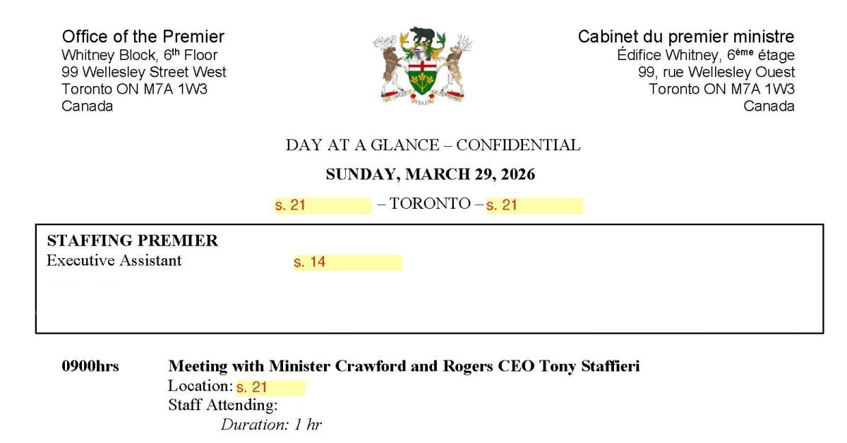 This copy of Doug Ford’s itinerary obtained by Global News shows a meeting scheduled with Rogers Communications CEO Tony Staffieri.