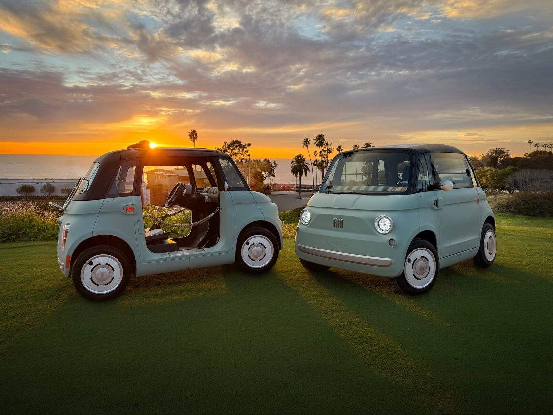 FILE – Two versions of the new Fiat Topolino EV are seen in this promotional photo shared by Stellantis on July 7, 2026.