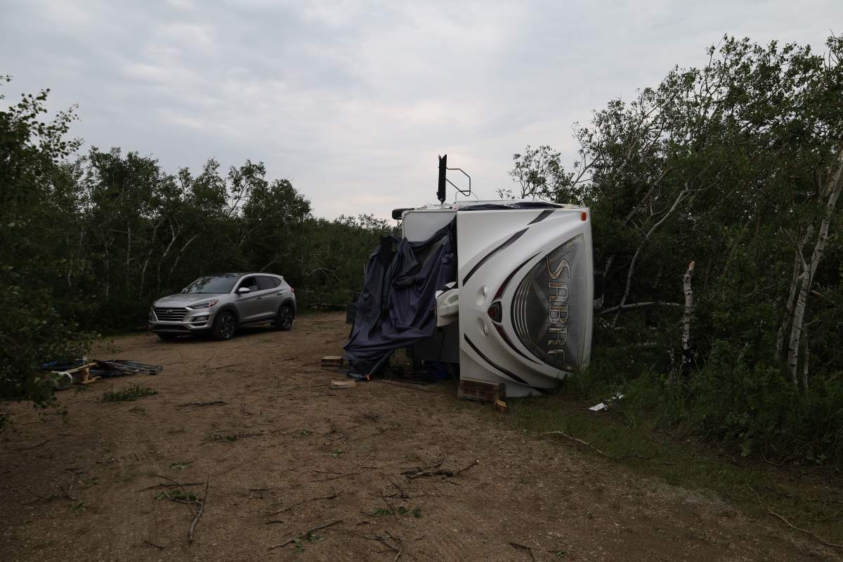 A photo showing one of the trailers that was badly damaged by Wednesday evening's tornado. Alberta Parks says Dillberry Lake Provincial Park has been closed until further notice while crews assess and clean-up the damage.