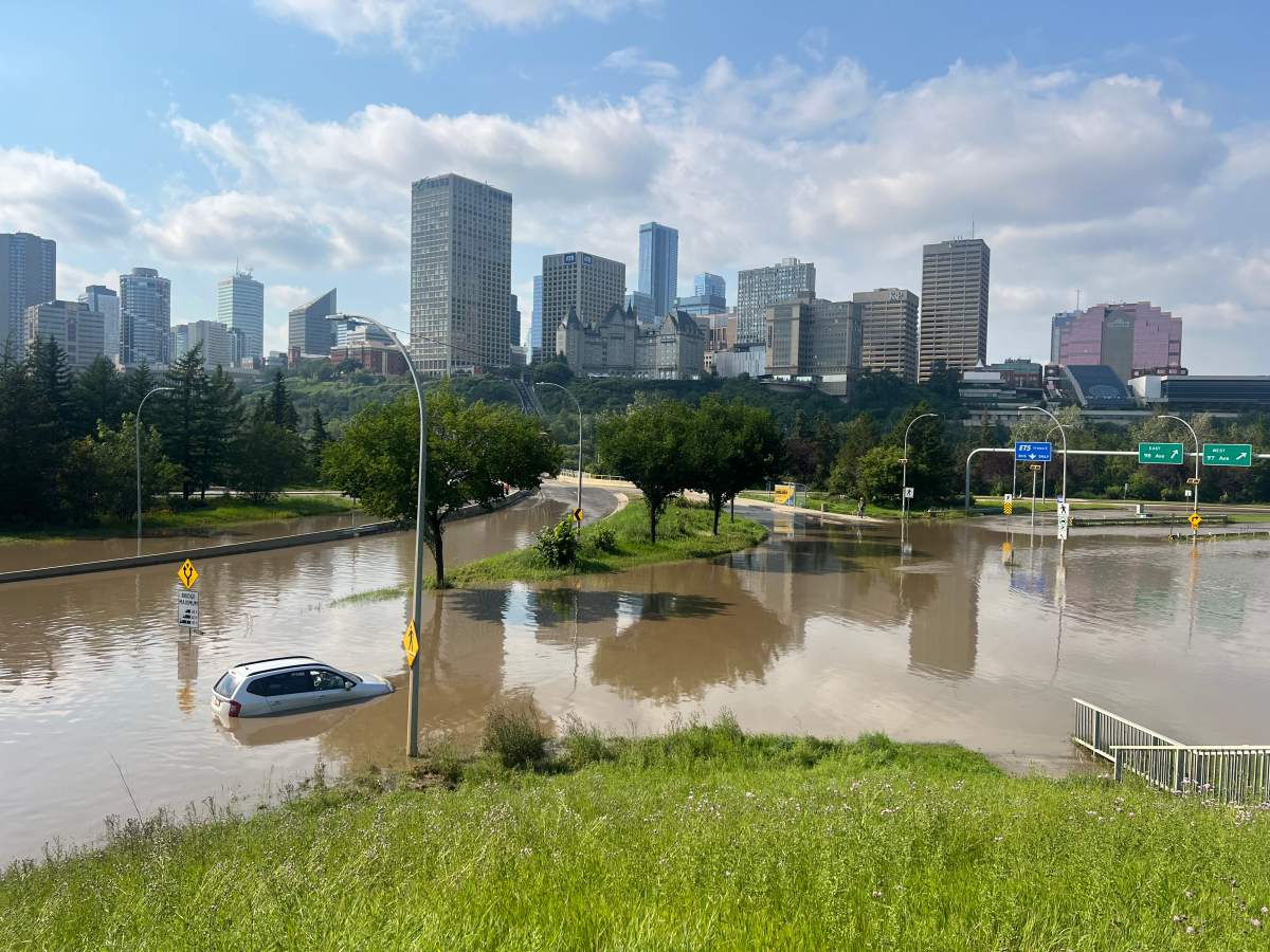 The interchange of Connors Road, Scona Road and 98 Avenue was shut down due to massive flooding from an afternoon storm in Edmonton on Monday, July 27, 2026.