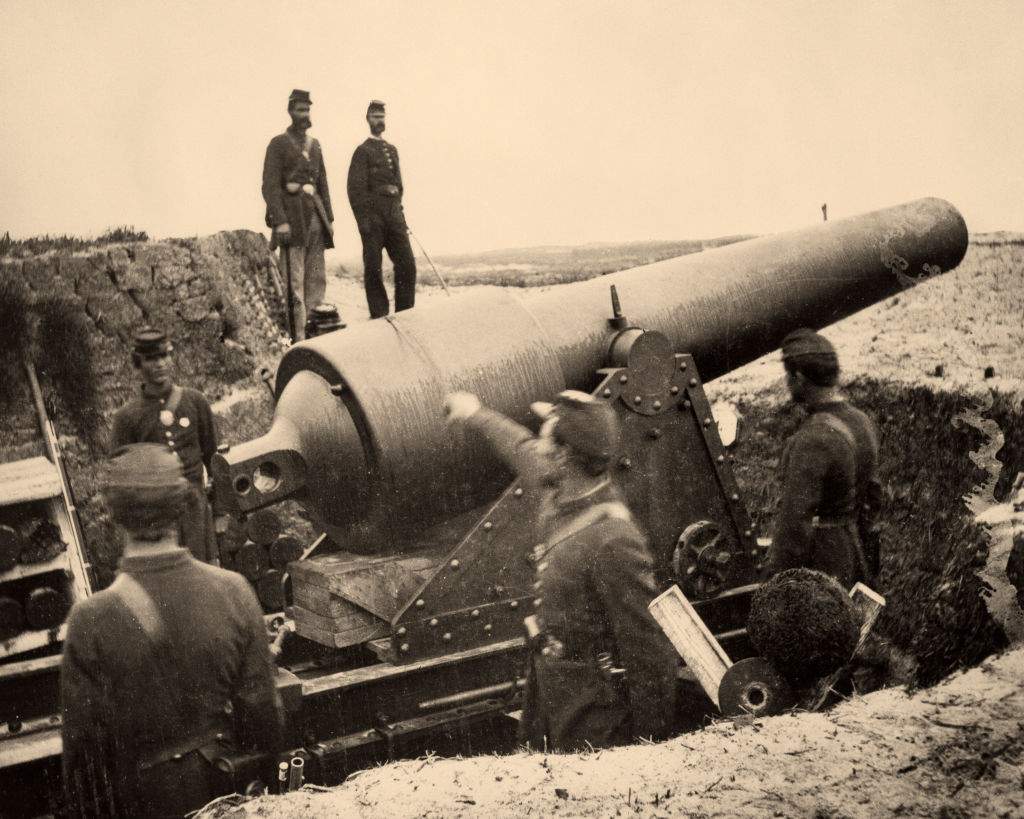 1800s 1860s 200-Pound Parrot Rifle Gun In Use About To Fire By Union Artillery American Civil War .