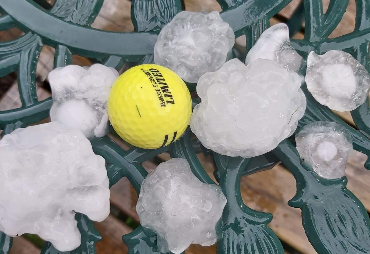 Hail in Rocky Mountain House, Alta. on Saturday, July 18, 2026.