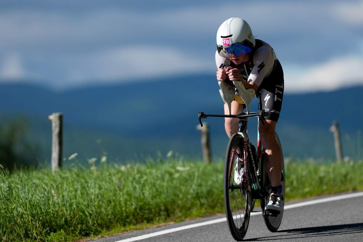 Paula Findlay competes on the bike course of the 2026 Athletic Brewing IRONMAN Lake Placid on July 19, 2026 in Lake Placid, New York.