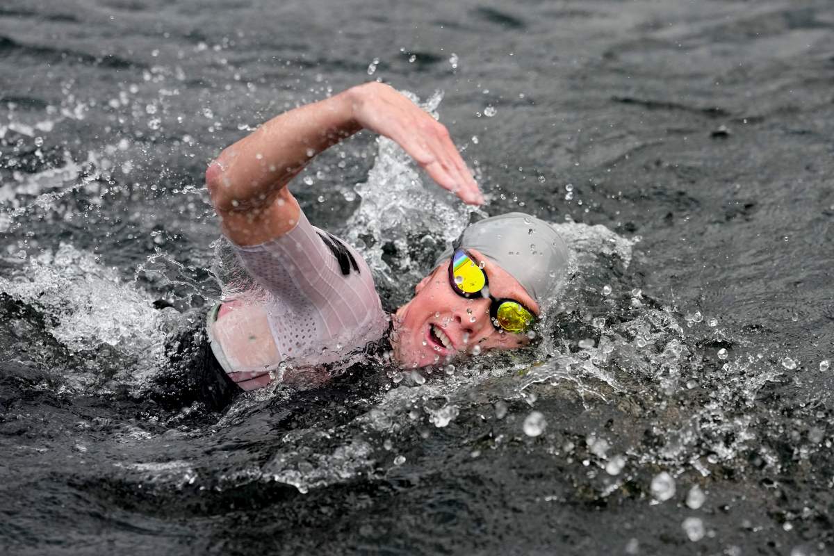 Paula Findlay competes on the swim course of the 2026 Athletic Brewing IRONMAN Lake Placid on July 19, 2026 in Lake Placid, New York.