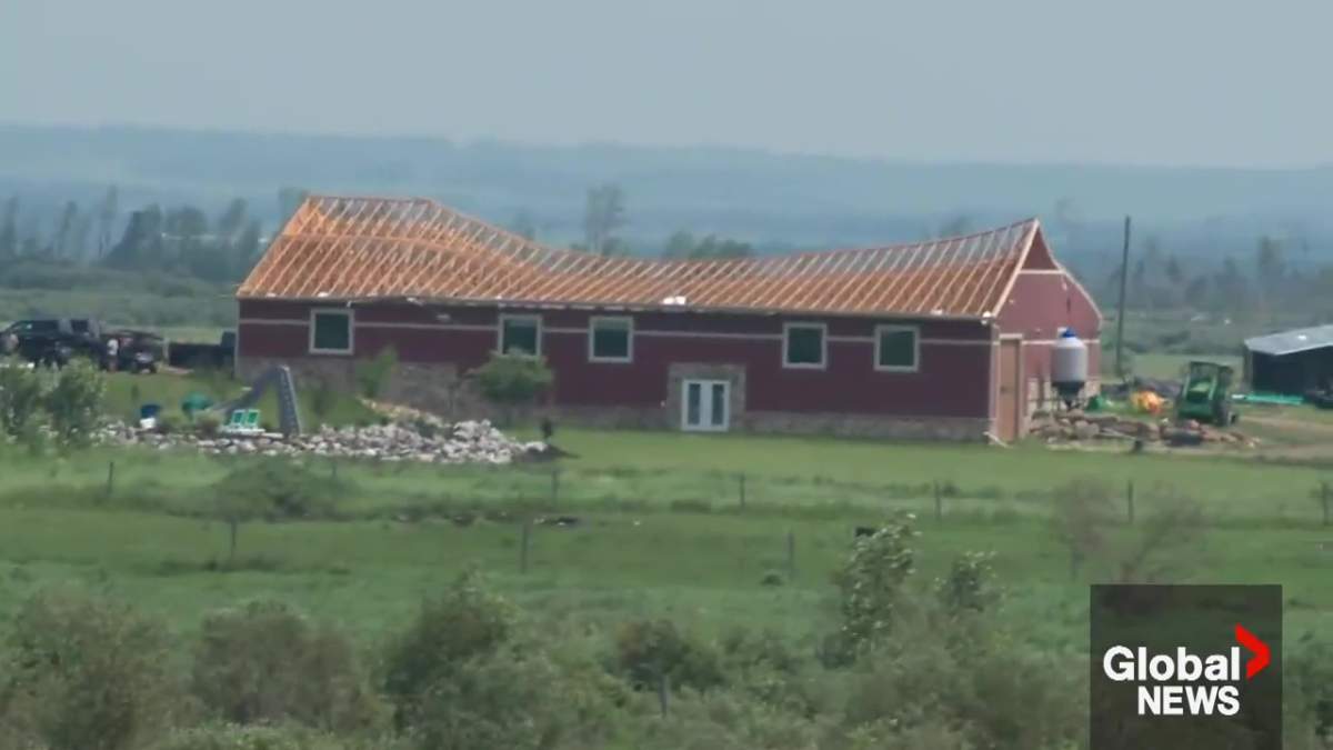 A building that lost its roof during the tornadoes in Rocky Mountain House and Clearwater County on Saturday, July 18, 2026.