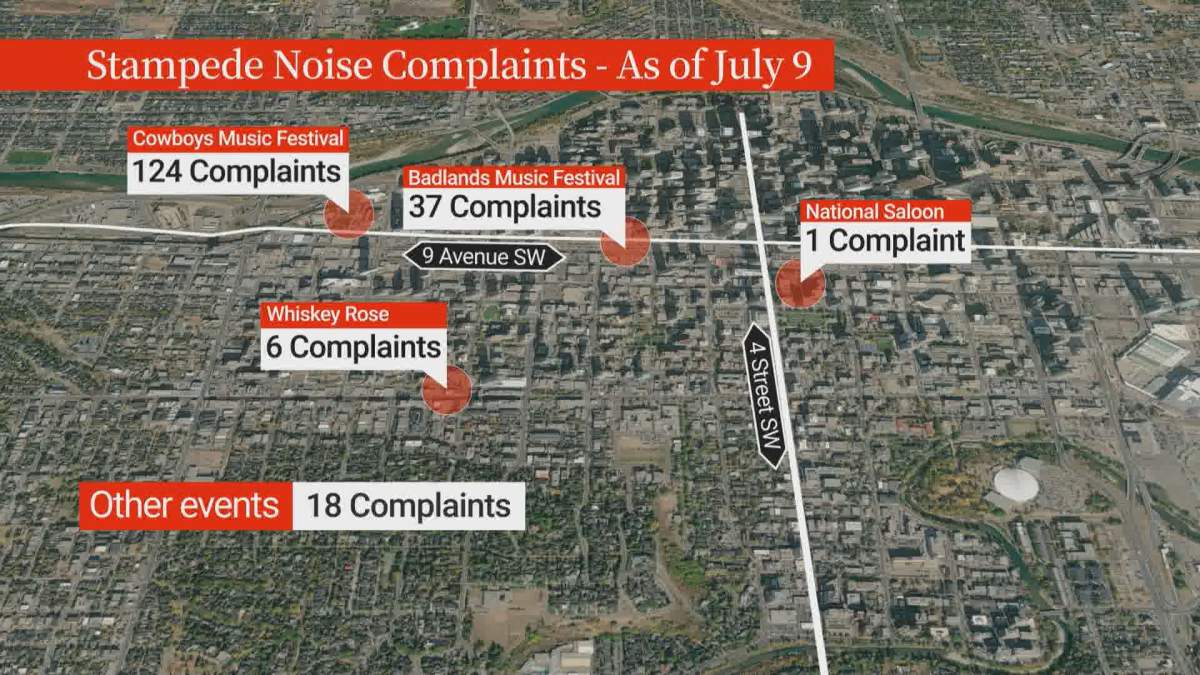 A map of the noise complaints received by the City of Calgary during this year’s Calgary Stampede.