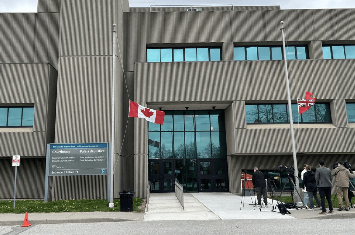 The Milton, Ont. courthouse is shown on Tuesday, May 5, 2026. Two Ontario women have been found guilty of killing a boy they were trying to adopt and confining his brother.