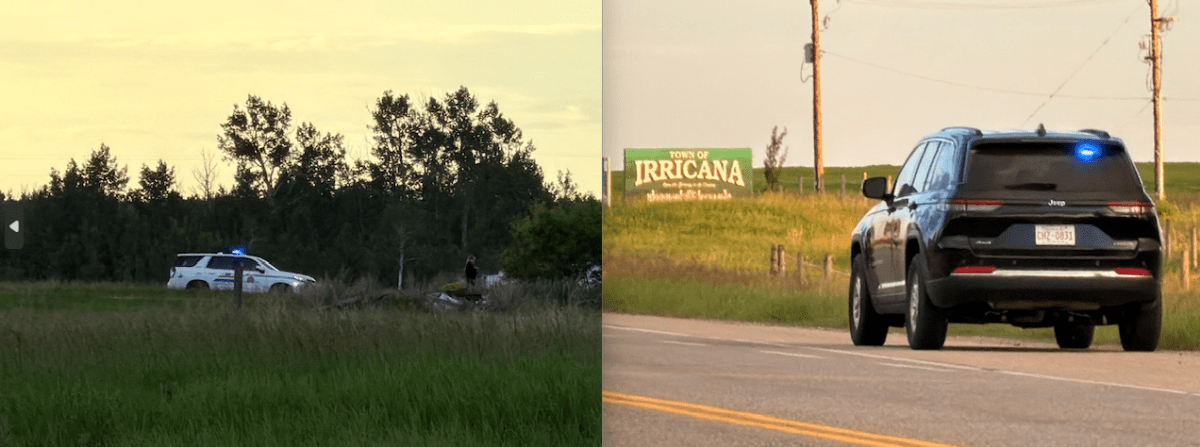 RCMP officers investigate along Highway 9 near Irricana, Alta., on Friday, July 3, 2026, after an officer-involved shooting that left a man dead. Alberta's police watchdog, ASIRT, is investigating.