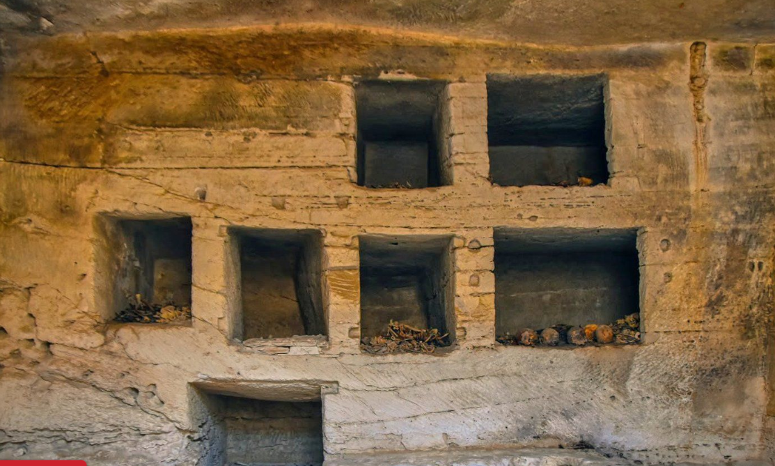 In this photo provided Saturday, July 4, 2026, by Ministery of Tourism and Antiquities, some of seven surface limestone-built tombs, discovered in the Marina el-Alamein archaeological site, are seen west of the Mediterranean city of Alexandria, Egypt. 