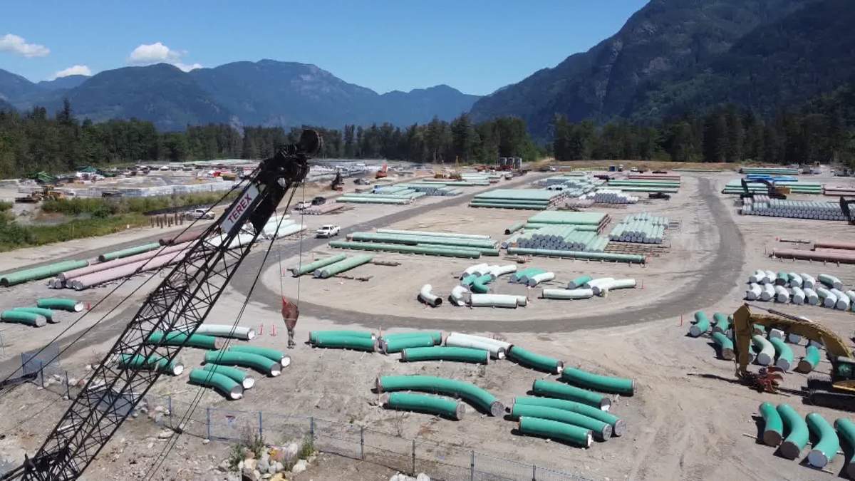 An aerial view of one of the staging areas used for construction of the Trans Mountain Pipeline that was completed in the spring of 2024, at an estimated cost of $34.2 billion.