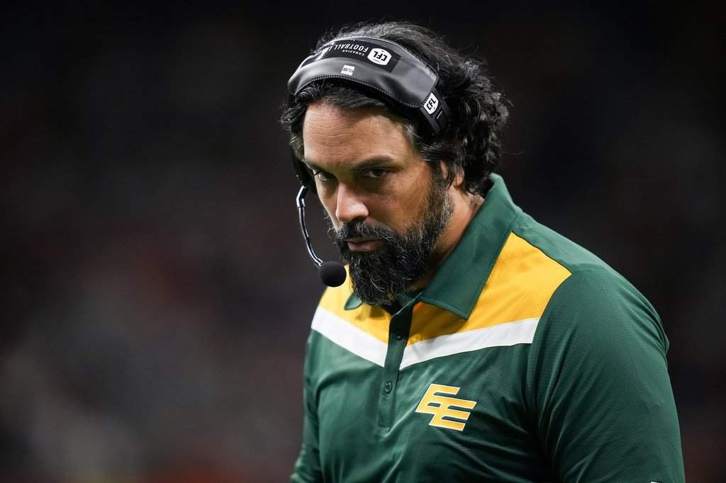Edmonton Elks head coach Mark Kilam looks on during the second half of a CFL football game against the B.C. Lions, in Vancouver, on Friday, October 17, 2025. THE CANADIAN PRESS/Darryl Dyck.