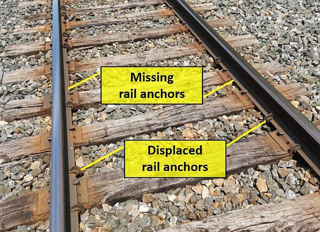 An example of missing and displaced rail anchors near Mile 120.90 is shown in this handout photo provided by the Transportation Safety Board of Canada. 