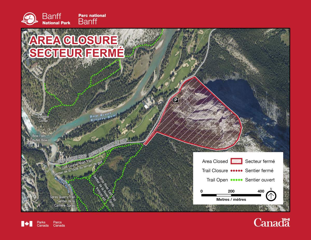 A map on the Parks Canada website, showing the areas that were affected by the rockslide and closure.