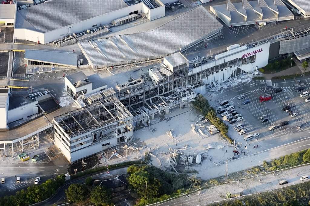 This aerial image shows the damaged AEON Mall following an earthquake in Kashima, Kumamoto prefecture, southern Japan, Tuesday, July 28, 2026.