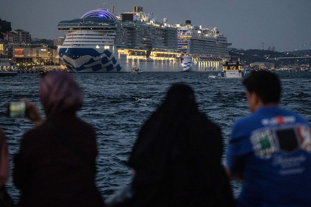 A cruise ship arrives to dock at Istanbul's cruise ship terminal at Galata Port on July 19, 2025 in Istanbul, Turkey.