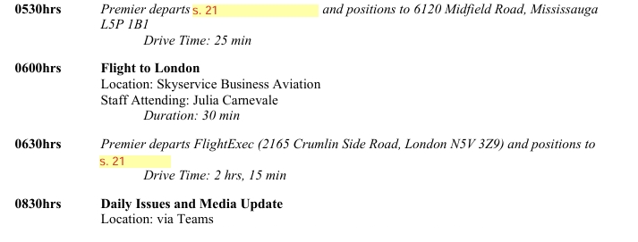 A section of the premier’s schedule showed a London flight. His office said it was an error.