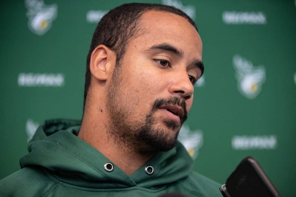 Edmonton Elks quarterback Trey Ford speaks to media during a year end press conference in Edmonton, Monday, Oct. 23, 2023. THE CANADIAN PRESS/Jason Franson.