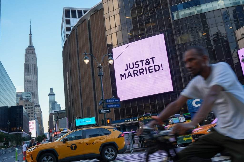 A “Just Married” sign is displayed on Madison Square Garden during a wedding between singer Taylor Swift and National Football League player Travis Kelce on Friday, July 3, 2026, in New York.