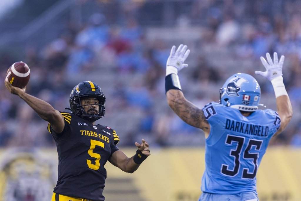 Hamilton Tiger-Cats quarterback Tre Ford attempts a pass during the during first half CFL football action against the Toronto Argonauts, in Hamilton, Saturday, July 18, 2026. THE CANADIAN PRESS/Michael P. Hall.