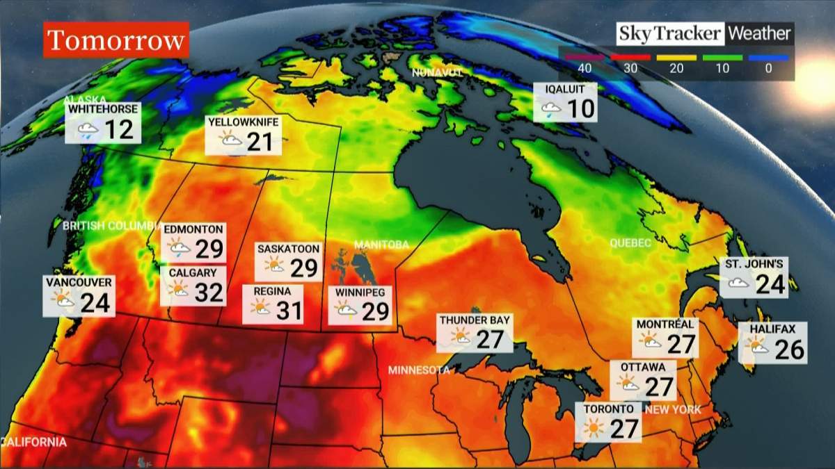 Global News meteorologist, Peter Quinlan, forecasts the hot weather to last through the end of August across much of the prairies.