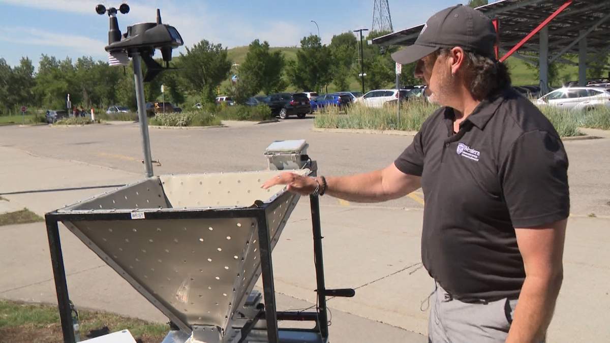 Julian Brimelow, Director of the Northern Hail Project, shows off one of the specialized pieces of equipment his team uses to collect samples of hail and information on the storms that hit Canada's "hail alley."