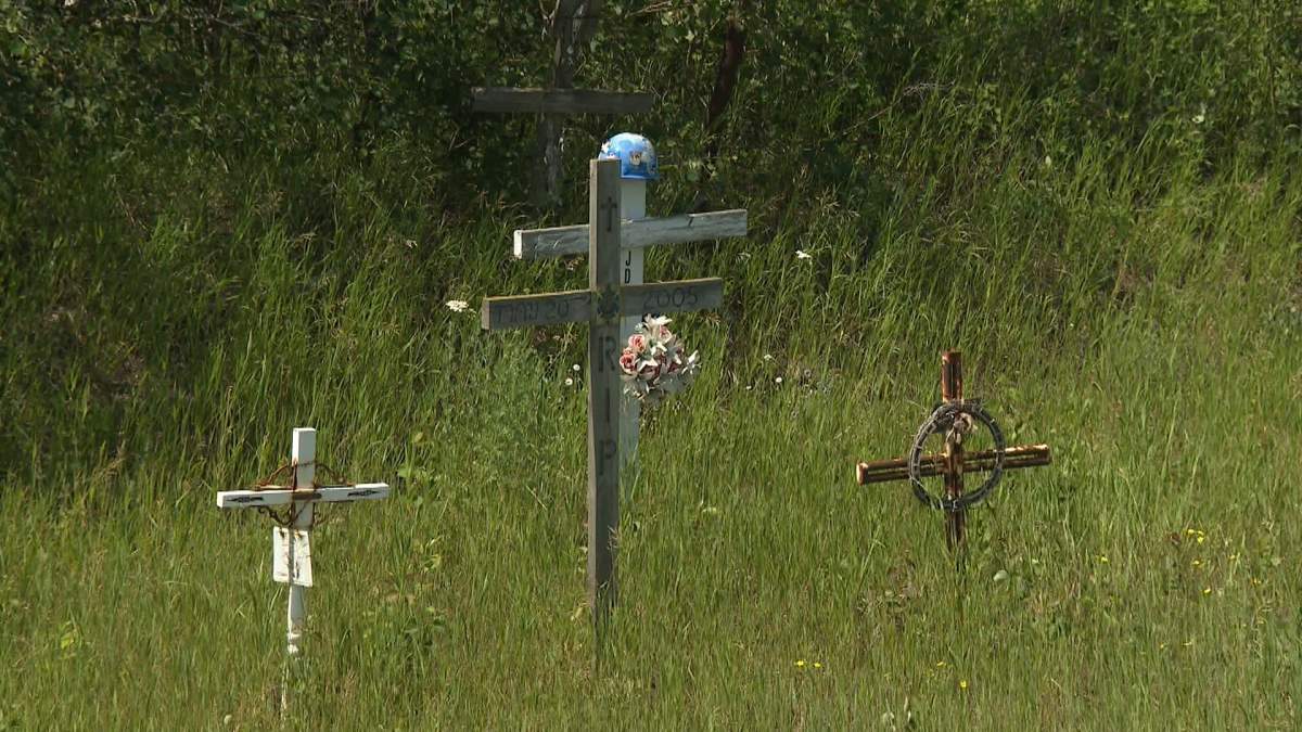 Multiple crosses line the ditch of Highway 28, north of Gibbons - memorials to other people who have previously been killed along the stretch of road some locals call "deaths highway."