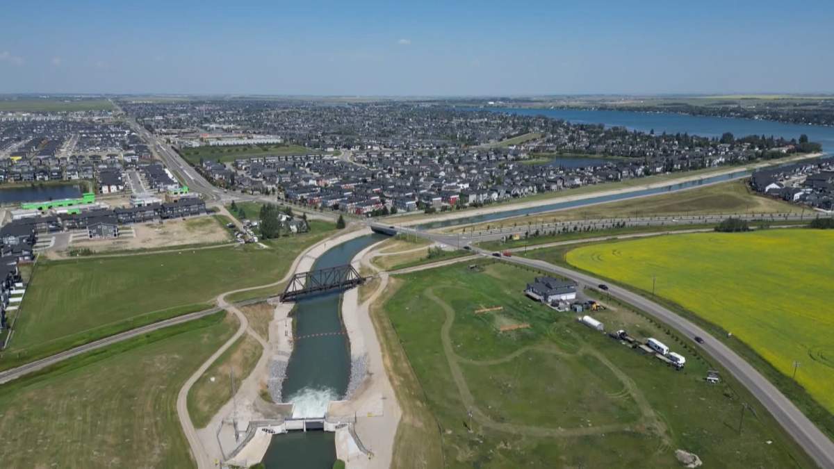 An aerial view of the Western Headworks Canal, which runs from the Bow River at Harvie Passage in Calgary and into the Chestermere Lake.
