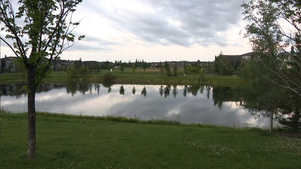 The Calgary stormwater pond, known as "Legacy Small Pond" where a young child died after drowning on Sunday.