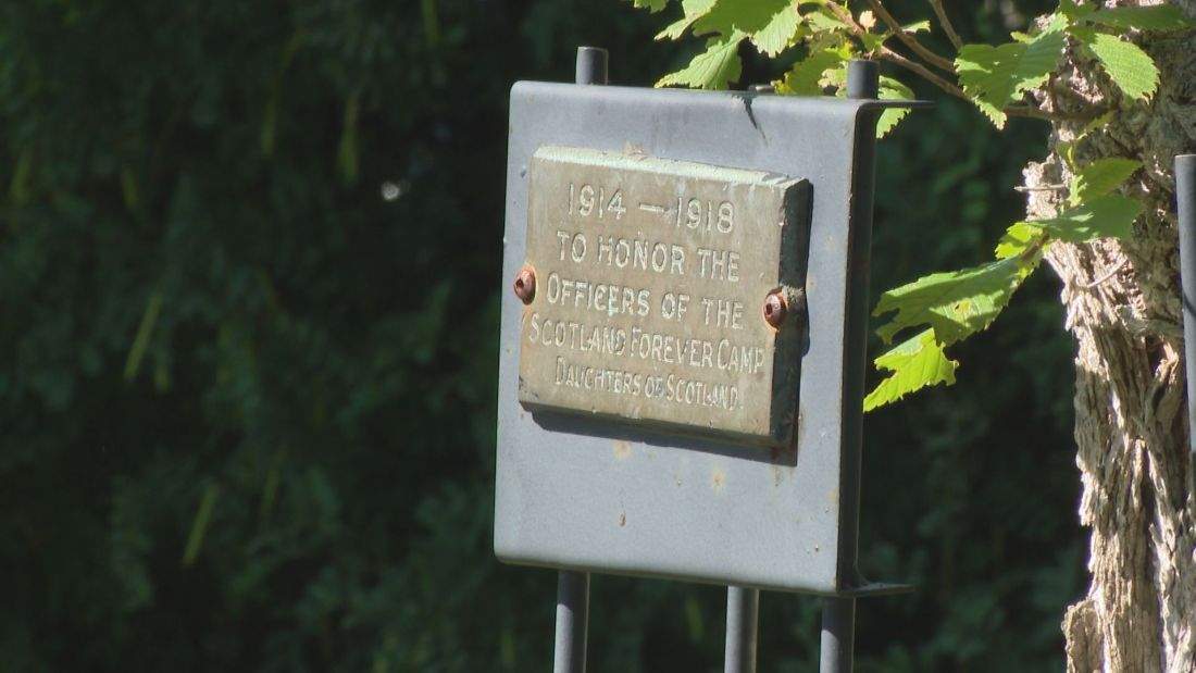 The plaque in front of the tree infected with DED reads "To honour the officers of the Scotland Forever Camp" and was dedicated by the Daughters of Scotland.