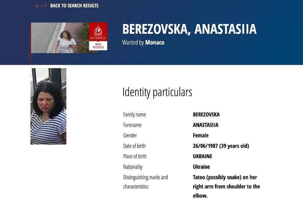 This screenshot of the Interpol webpage shows a Red Notice for Anastasiia Berezovska, a suspect in the Monaco bombing that reportedly targeted a Ukrainian tycoon with links to Russia.