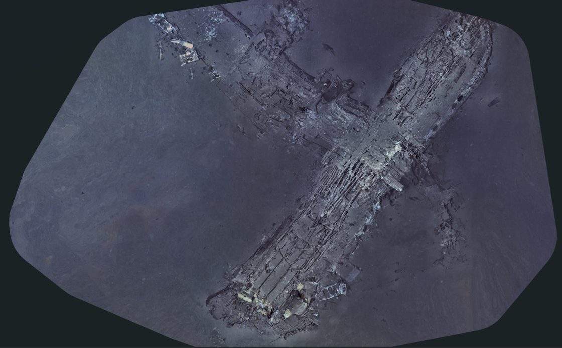 This undated composite image provided by the Air/Sea Heritage Foundation and Deep Sea Vision on Tuesday, July 21, 2026, shows the Clipper Endeavor wreck.