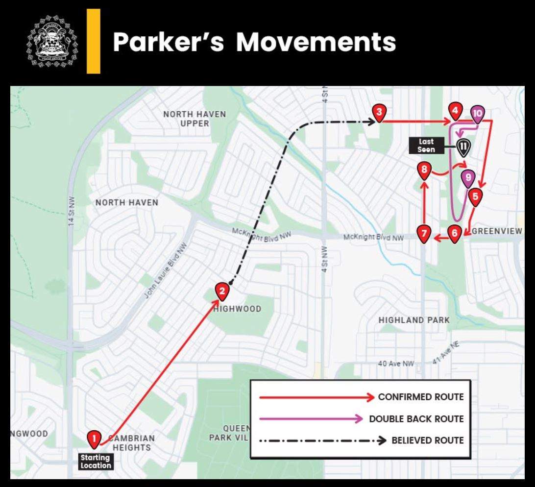On Wednesday, Calgary police released this map showing the locations where the missing 11-year-old boy was last seen on July 16.