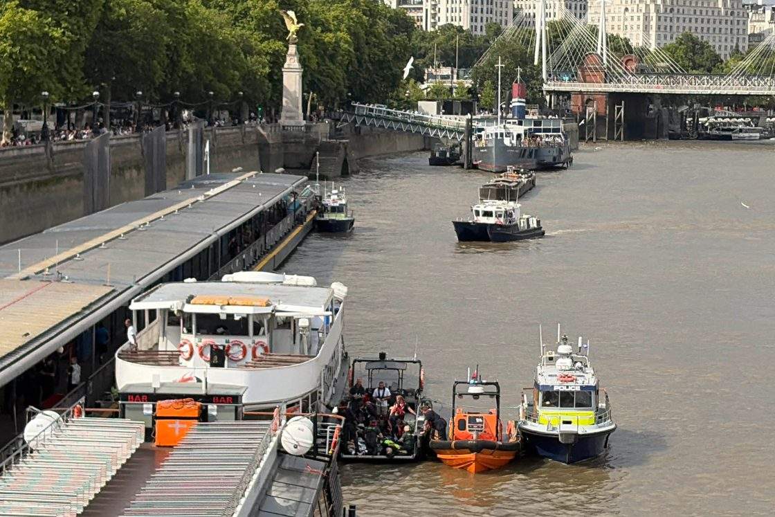 Emergency services attend an incident at Westminster Bridge in London, Friday July 24, 2026, after a police boat crashed into Westminster Bridge. 
