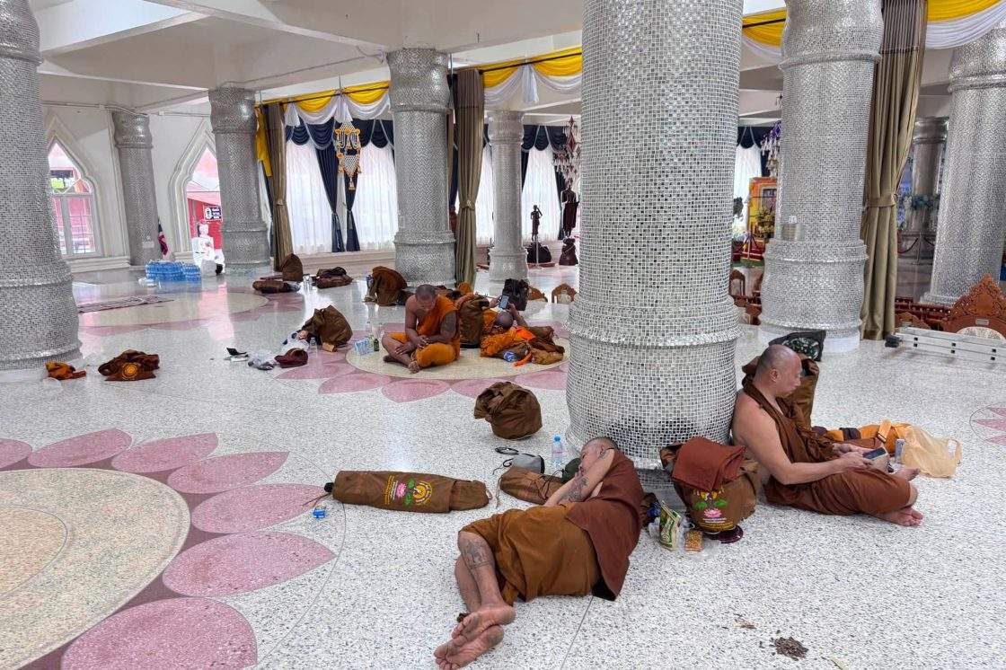 This photograph released by the Phu Manorom temple shows monks who were slightly injured from a crash in Mukdahan province taking rest at Phu Manorom temple in Mukdahan province, Thailand, Thursday, July 2, 2026.
