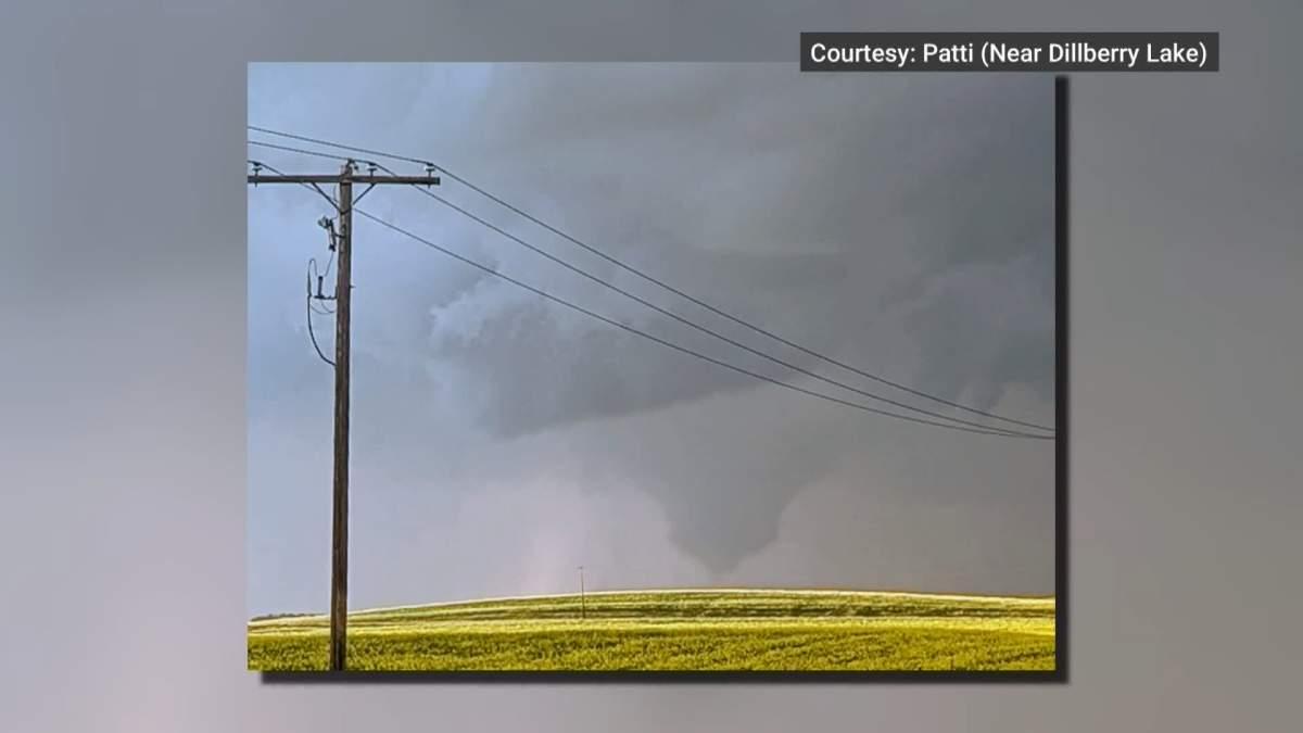 A photo, provided by a Global News viewer of the tornado that is reported to have touched down Wednesday evening at Dillberry Lake Provincial Campground.