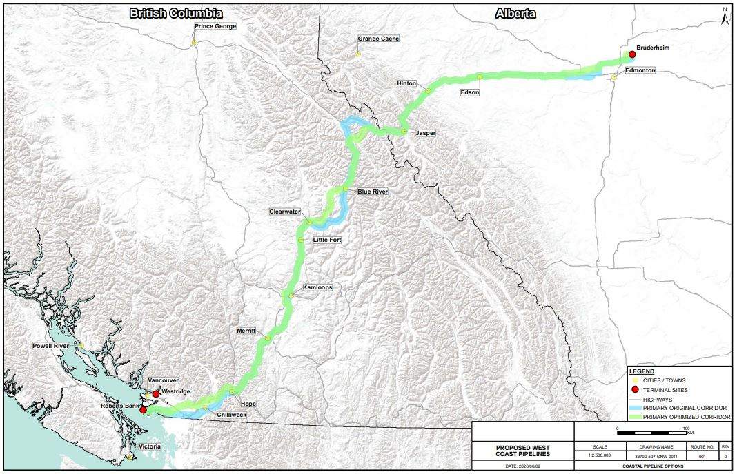 The proposal for the new pipeline would see it following the same route to the west coast as the existing Trans Mountain pipeline.