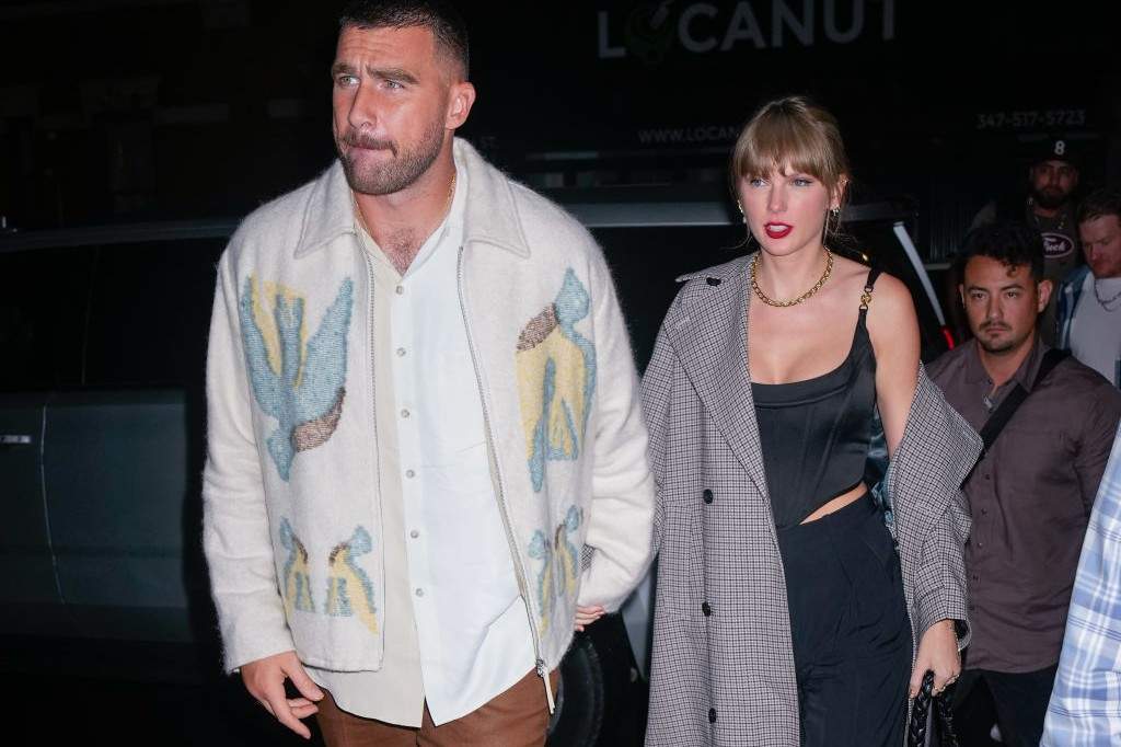 Travis Kelce and Taylor Swift arrive at 'SNL' Afterparty on October 15, 2023 in New York City.